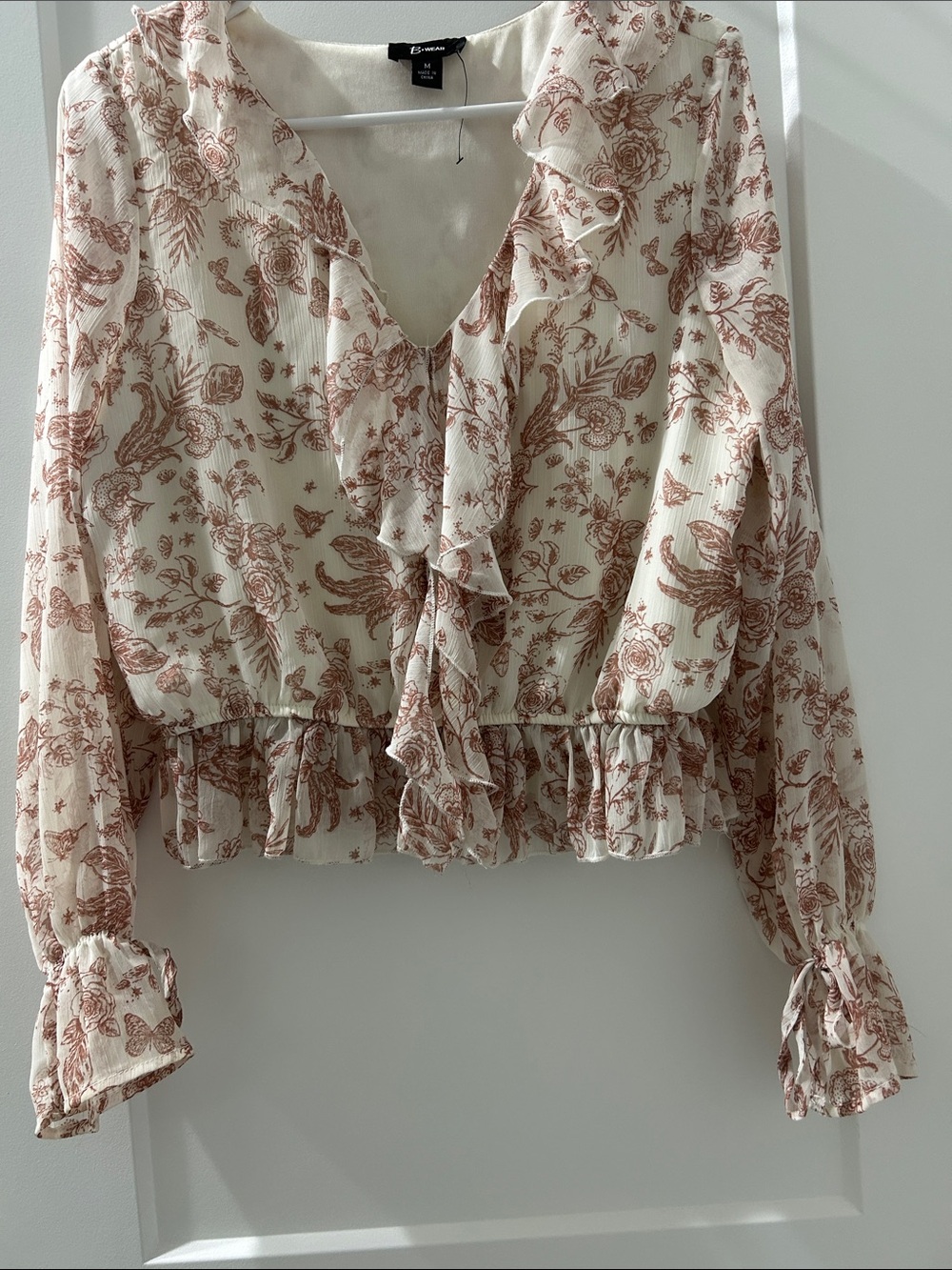 Ruffle-Front Floral Blouse in Cream and Rust